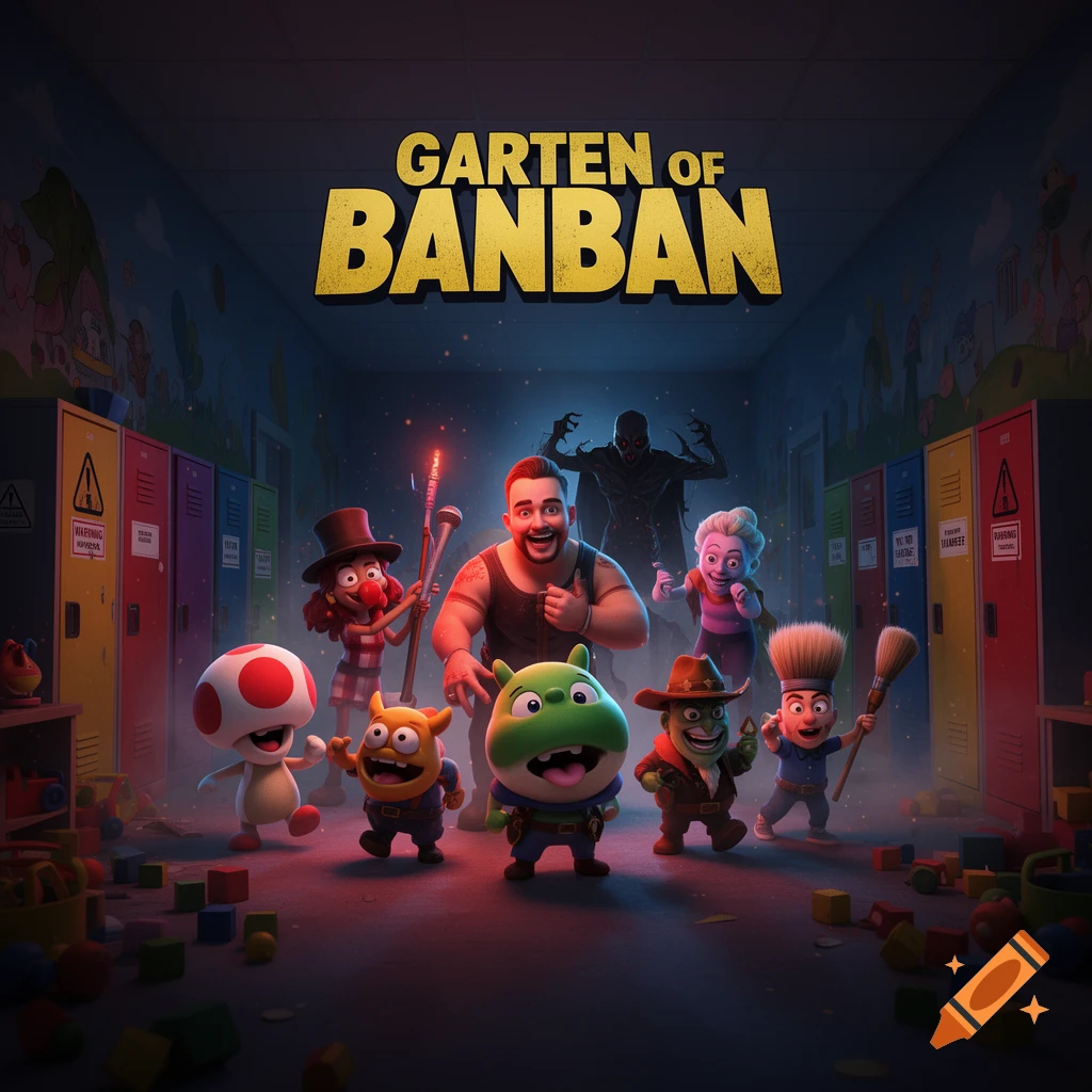 Colorful promotional art of Garten of Banban characters in an eerie kindergarten hallway.