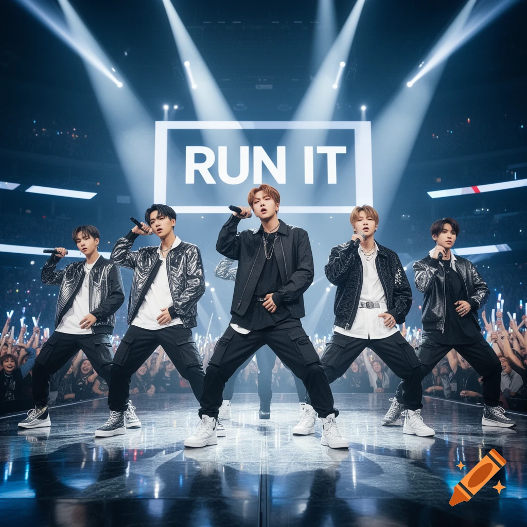 Five male performers on a stage under spotlights, with a sign reading 'RUN IT' in the background.