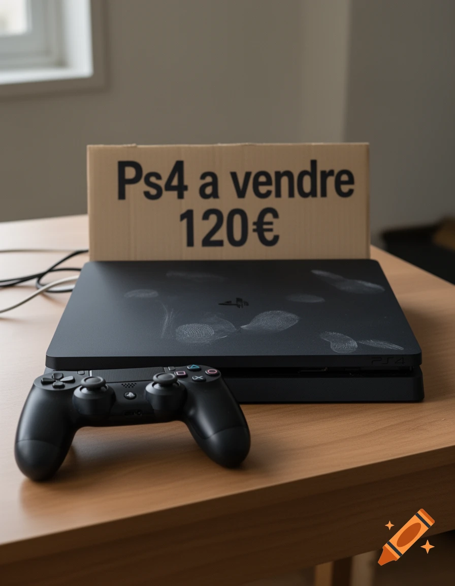 Photorealistic image of a black PS4 console with fingerprints, a controller, and a cardboard sign that reads 'Ps4 a vendre 120€' on a wooden table.