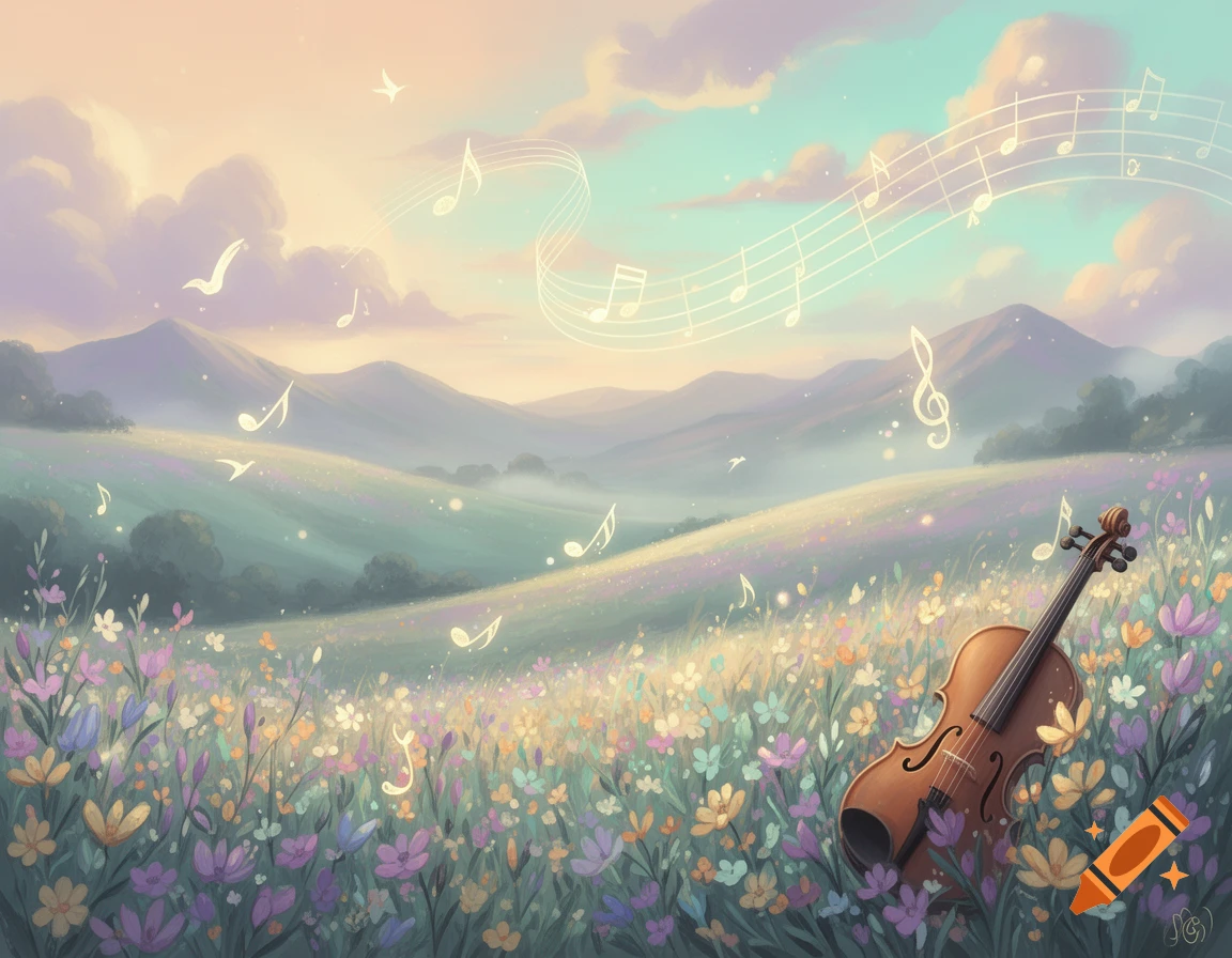 Digital painting of a rolling green landscape with wildflowers, a wooden violin in the foreground, and glowing musical notes in the sky.
