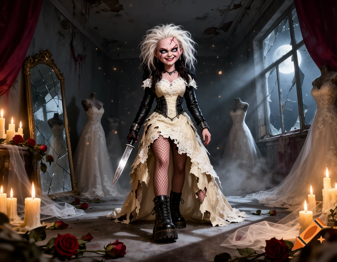 Photorealistic depiction of the Bride of Chucky holding a knife in a ruined room filled with wedding dresses and candles.