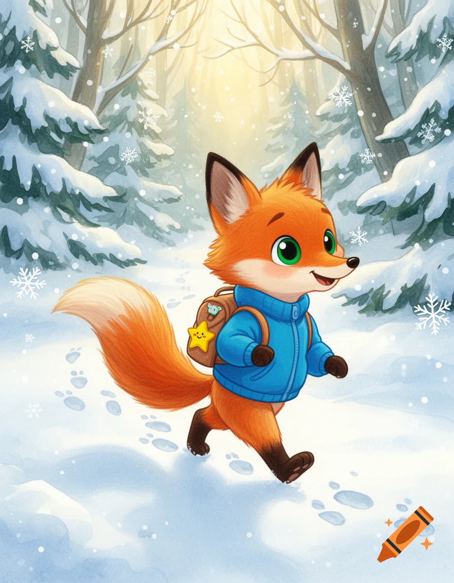 Colorful children's book illustration of a cute orange fox wearing a blue jacket and backpack walking through a snowy forest.