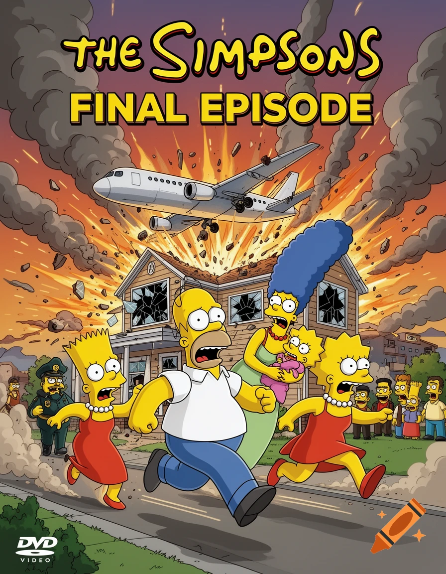 The Simpsons family running from their exploding house as a plane crashes, in cartoon style.