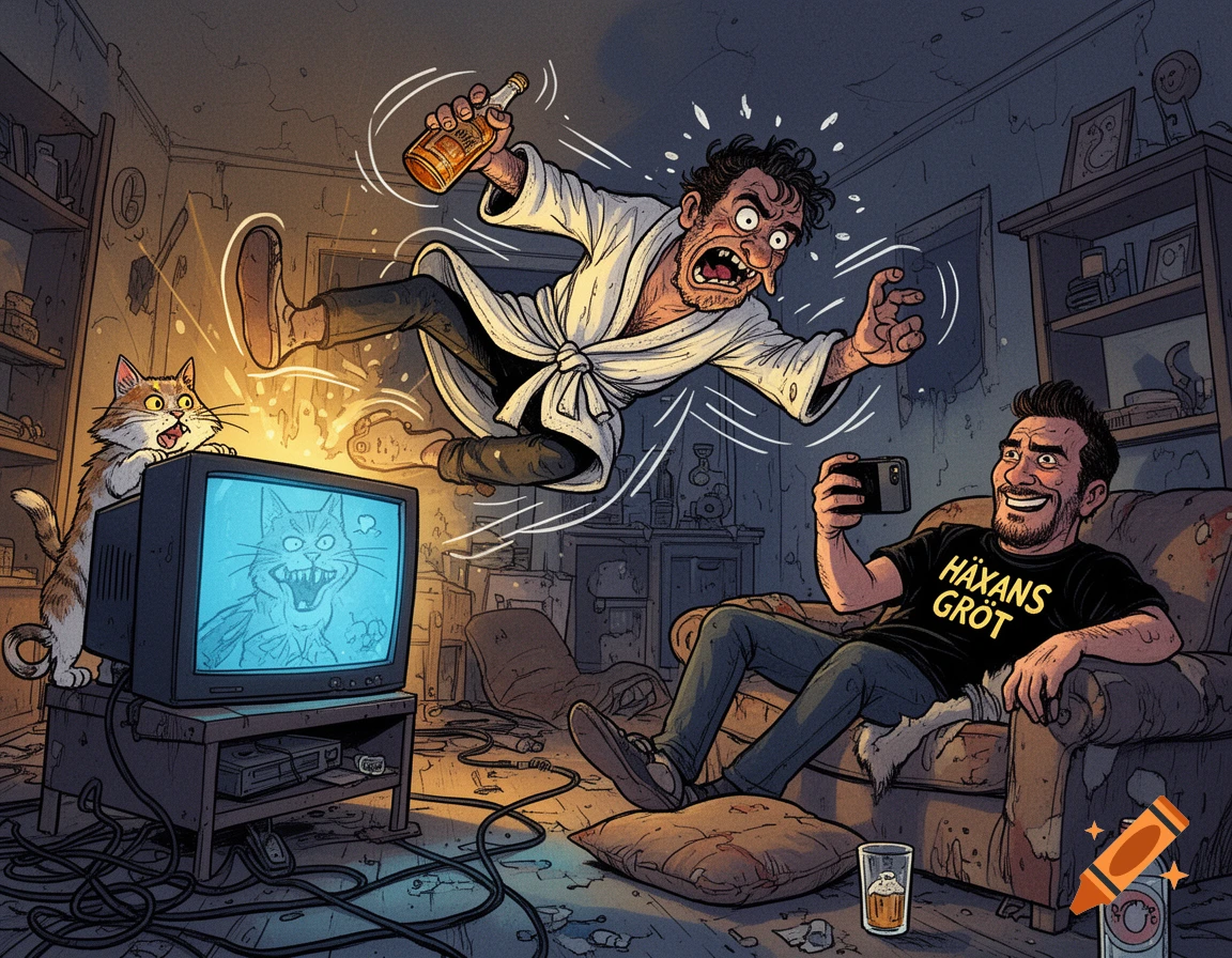 Cartoon in Peter Bagge style of a man falling over a television while another man films him on a sofa, alongside a cat.
