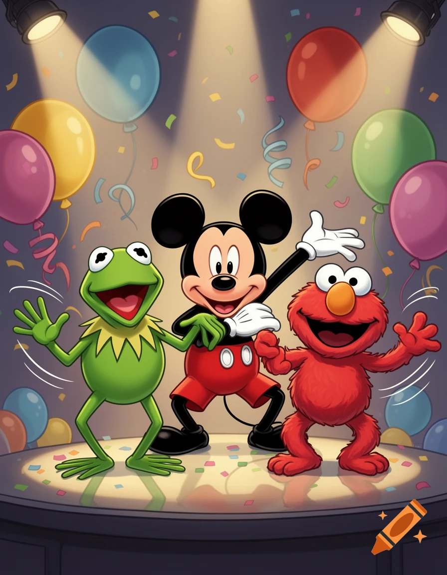 Kermit the Frog, Mickey Mouse, and Elmo smiling and waving on a stage with balloons and spotlights in a cartoon illustration style.
