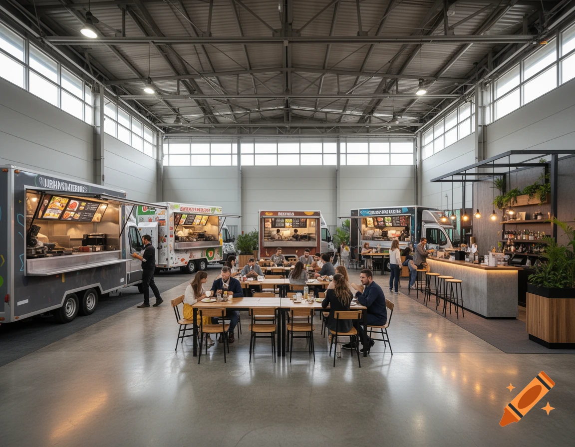 Photorealistic interior view of a large industrial warehouse converted into a food market with multiple food trucks and dining tables.