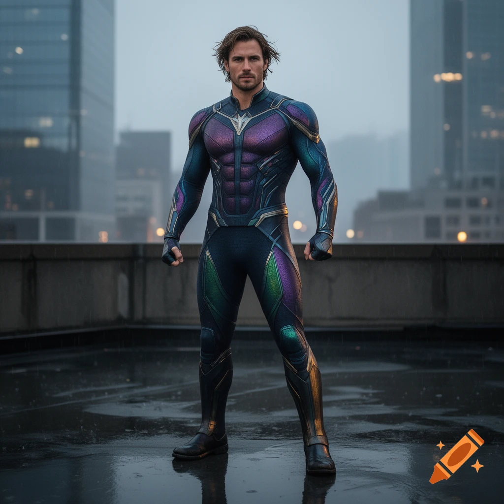 Photorealistic image of a male superhero standing on a rooftop in a city wearing an iridescent purple and green suit.