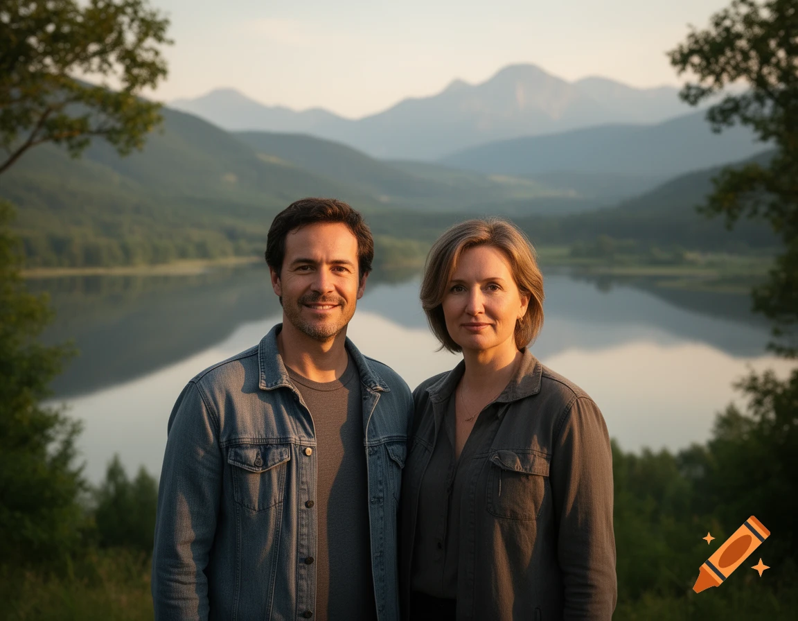 Photorealistic portrait of a man and woman standing together in front of a calm lake and distant mountains.