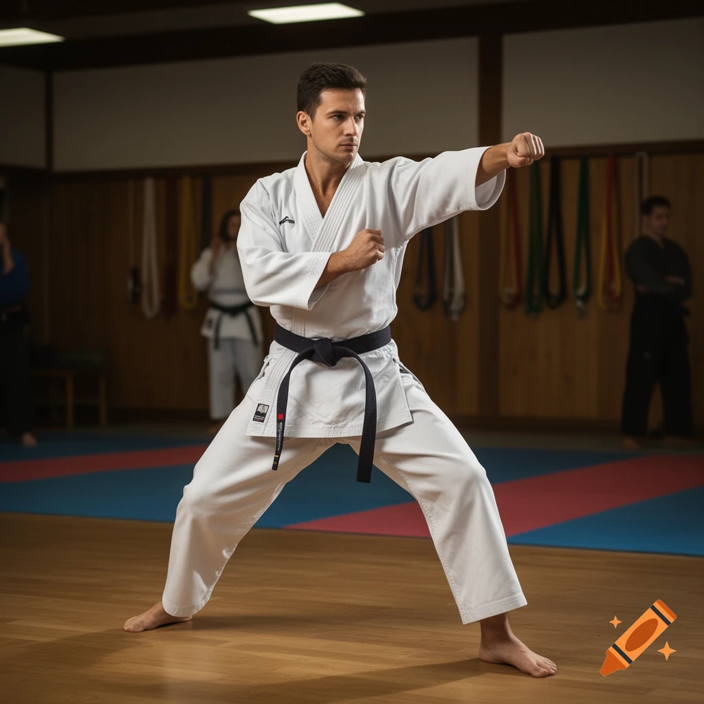 Photorealistic image of a male martial artist in a white karate gi performing a kata pose in a dojo.