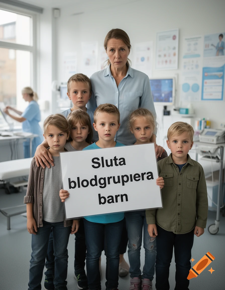Photorealistic image of a woman and five children in a medical setting holding a sign that reads Sluta blodgruppera barn.