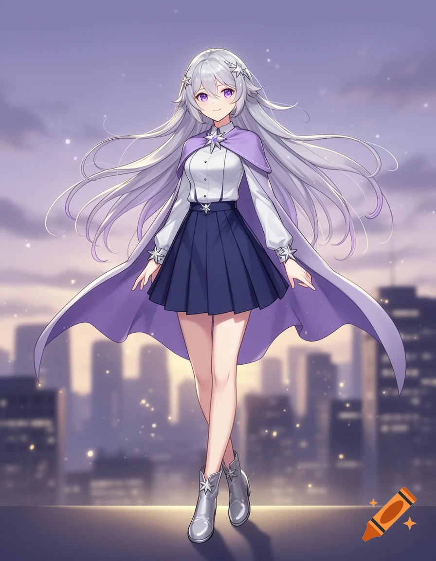 Anime-style illustration of a long-haired silver-haired girl with purple eyes wearing a cape and skirt standing against a city backdrop.
