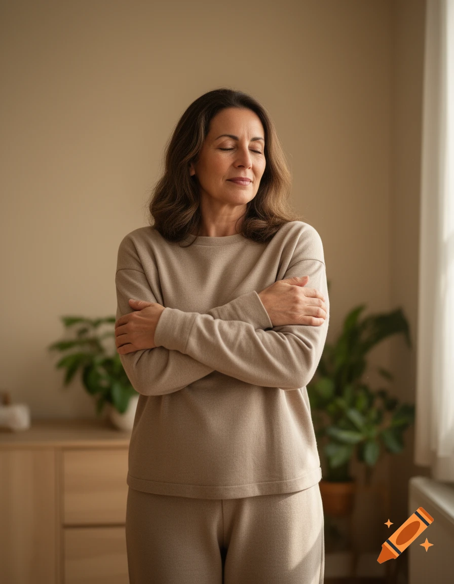 A woman with her eyes closed hugging herself in a calm room with plants in the background, photorealistic style.