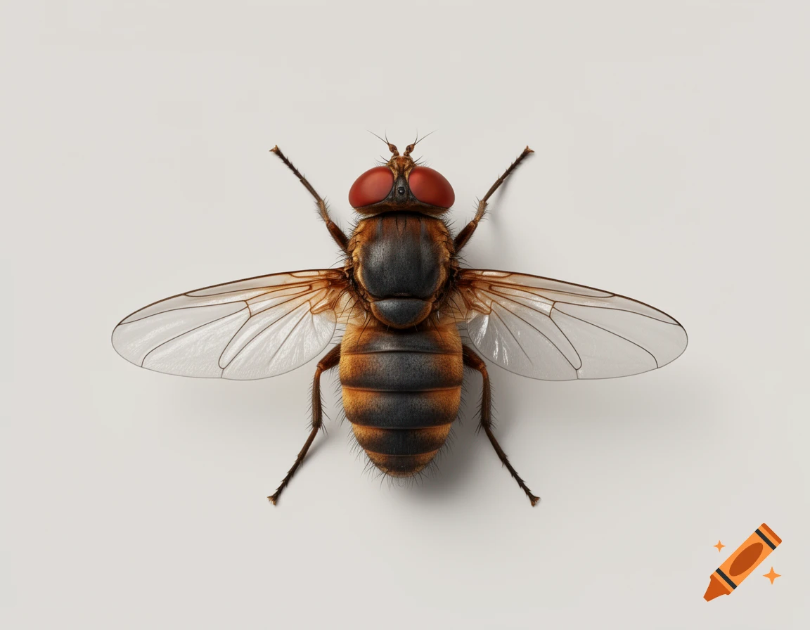 Top-down photorealistic view of a fruit fly with red eyes and patterned abdomen on a white background.