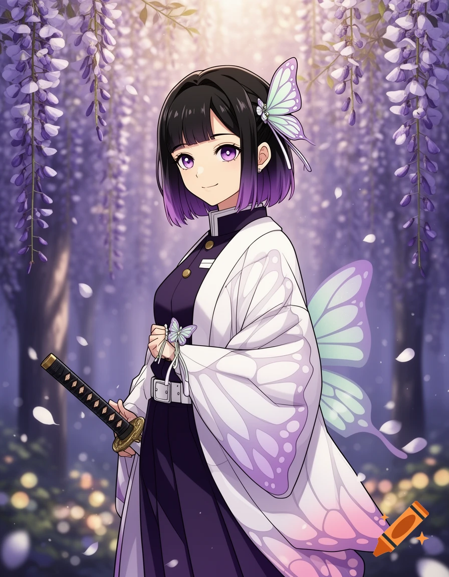 Anime style illustration of a smiling girl with dark hair and purple highlights, wearing a butterfly-patterned haori and holding a katana.