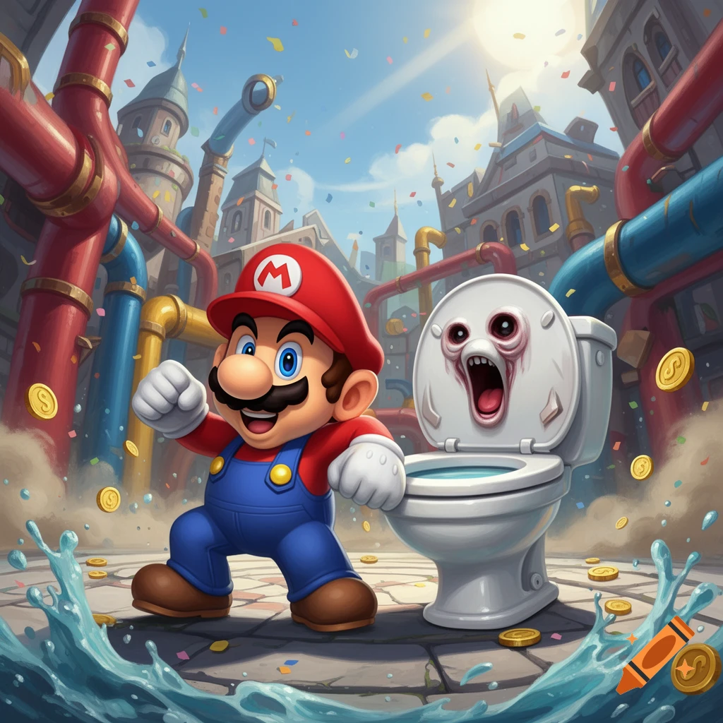 Mario posing next to a skibidi toilet in a cartoon city street with water splashing and floating gold coins.