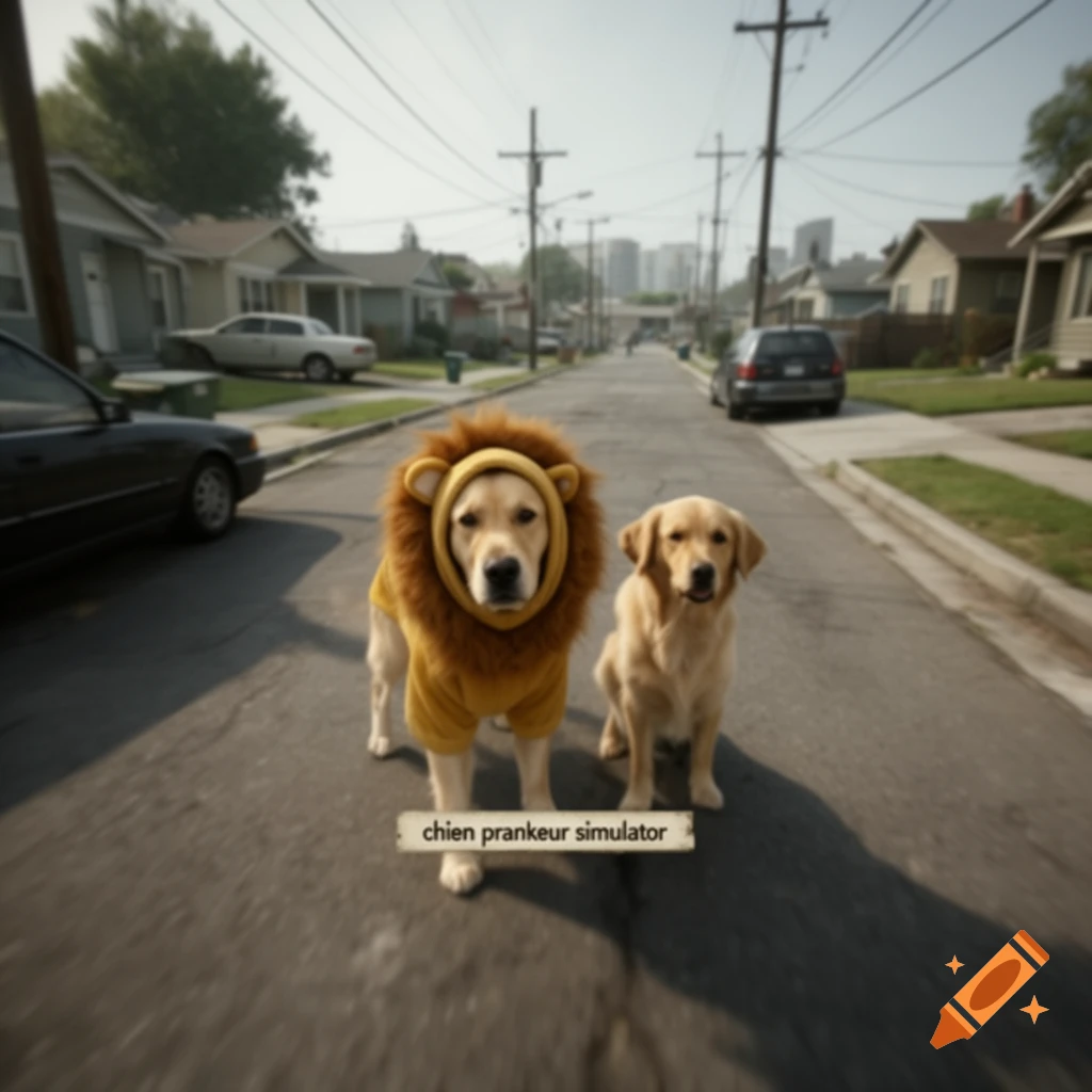 Video game screenshot of a golden retriever in a lion costume on a suburban street with a user interface text box.
