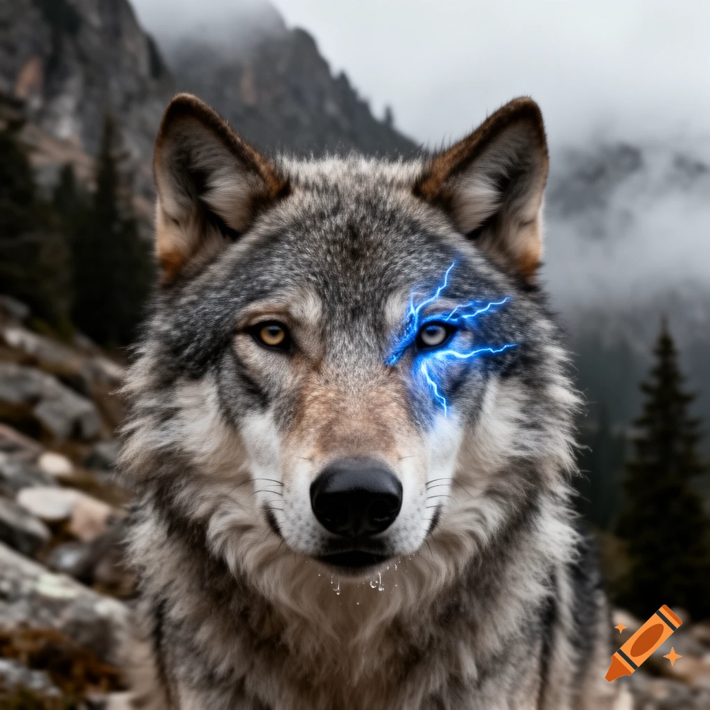 Photorealistic close-up of a wolf with a glowing blue lightning scar over one eye against a misty mountain background.