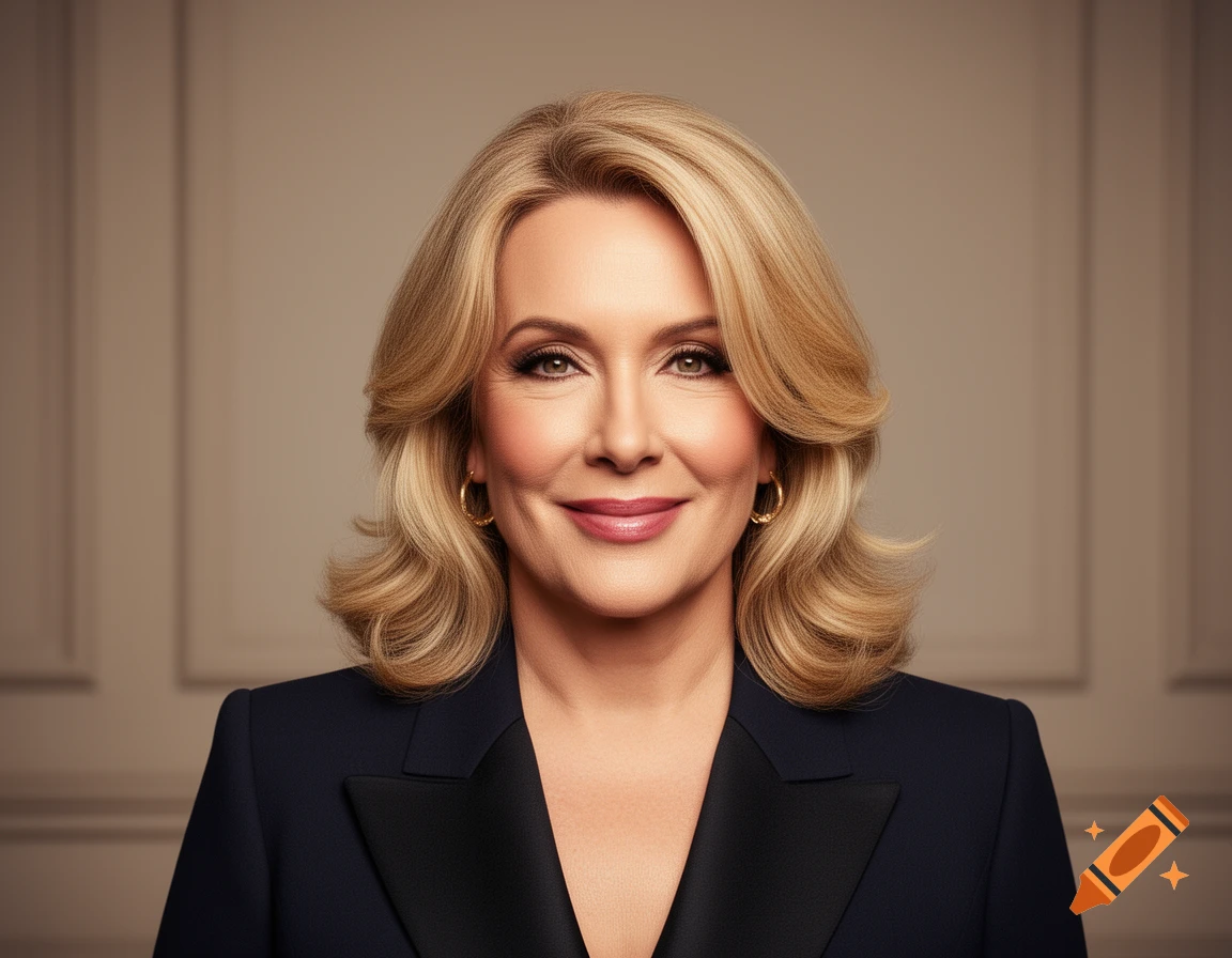 Photorealistic portrait of actress Jennifer Coolidge with blonde hair and a dark blazer against a neutral background.