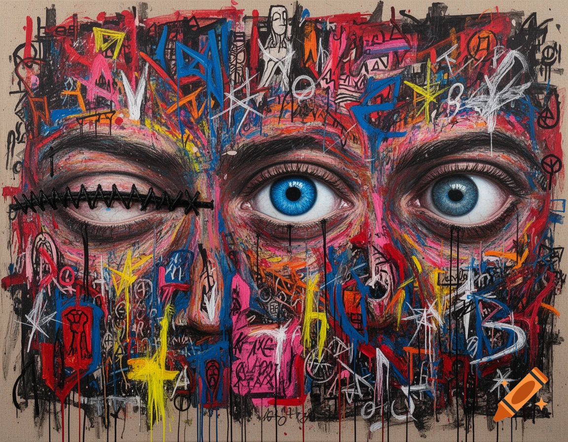 Abstract expressionist painting of a face in the style of Jean-Michel Basquiat, featuring three eyes, with two sewn shut.