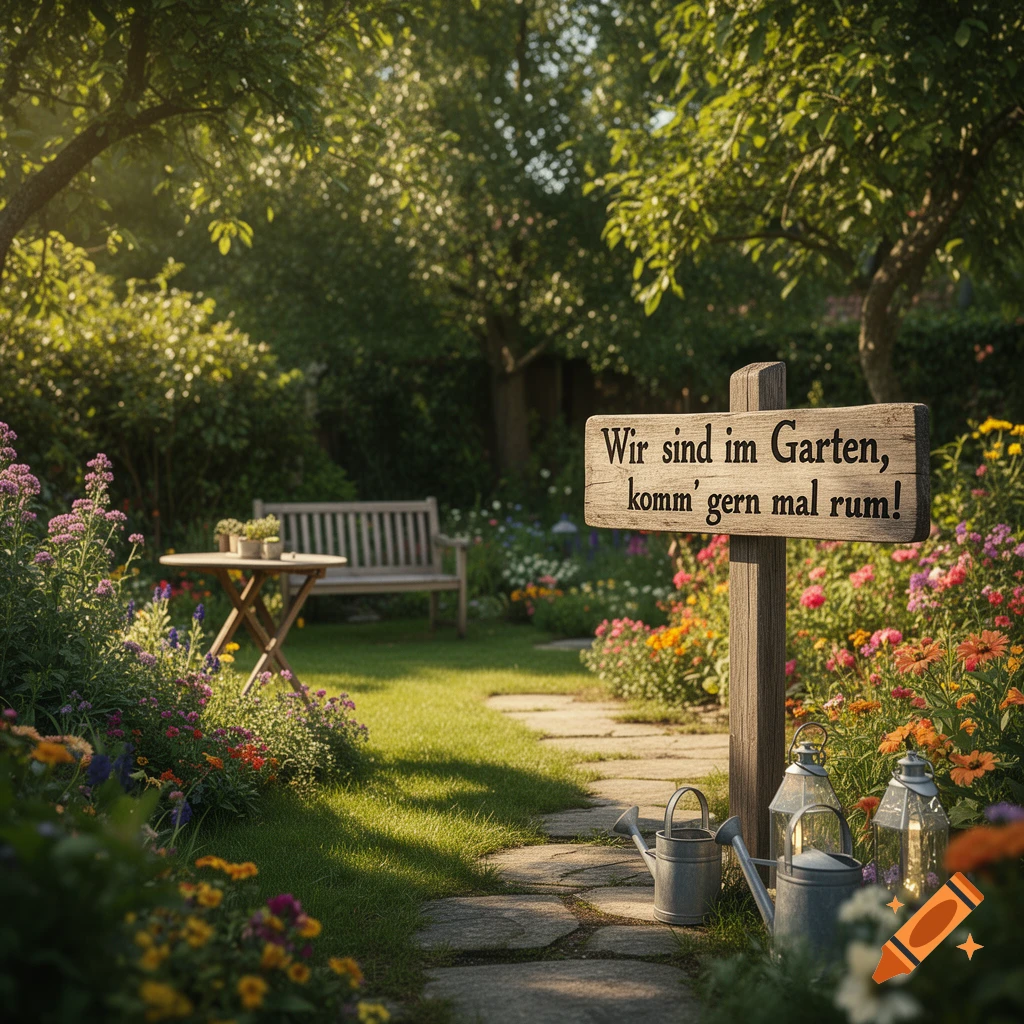 Photorealistic garden with a stone pathway, wooden sign reading 'Wir sind im Garten, komm' gern mal rum!', bench, and flowers.