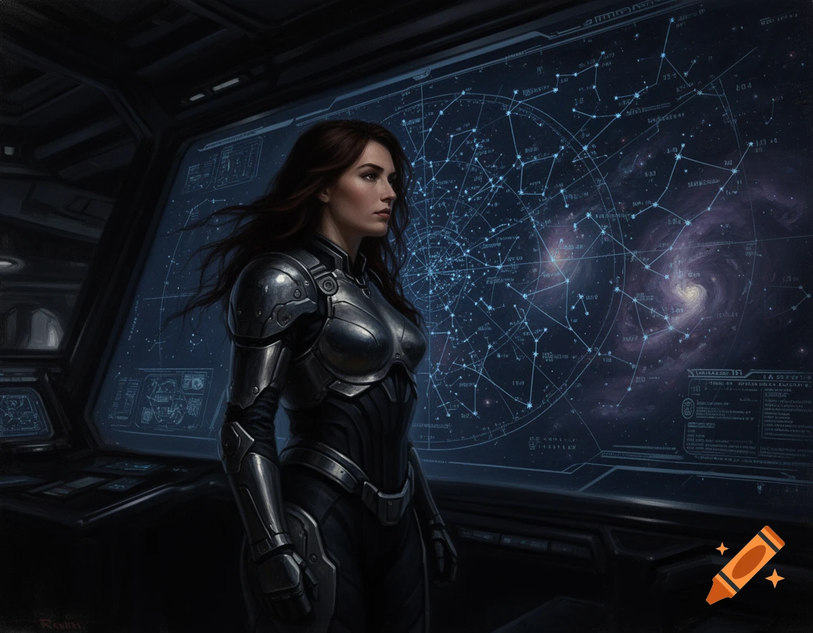 Oil painting style digital art of a brunette warrior in space armor looking at a massive star chart display on a starship.