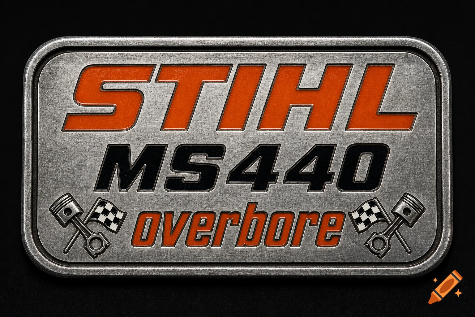 Engraved metal plaque with orange and black lettering reading STIHL MS440 overbore, flanked by pistons and checkered flags.