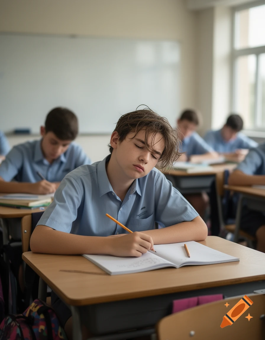 Students in a classroom sitting at desks writing in notebooks, photorealistic style.