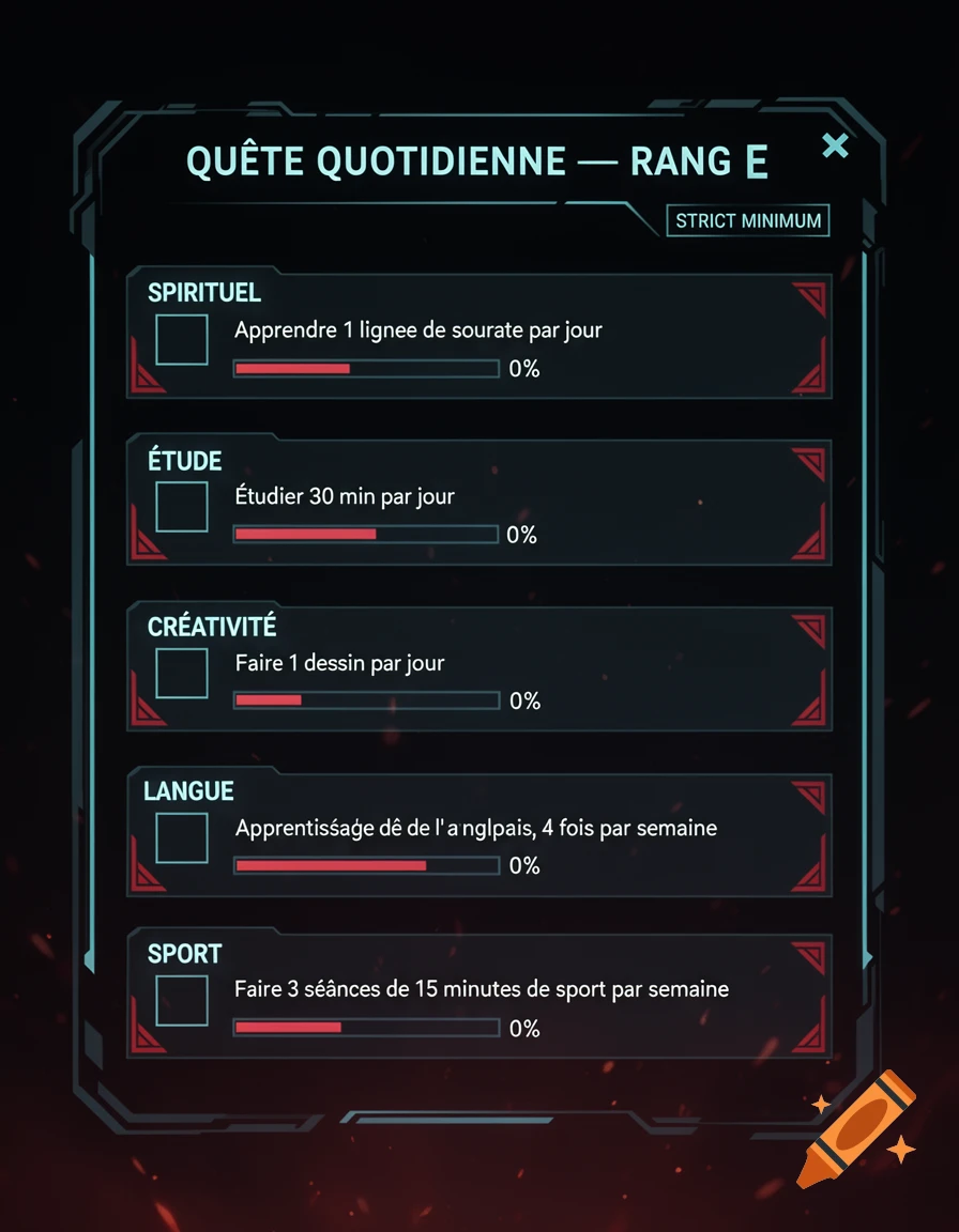 Dark-themed sci-fi RPG system interface displaying daily quests with French text.