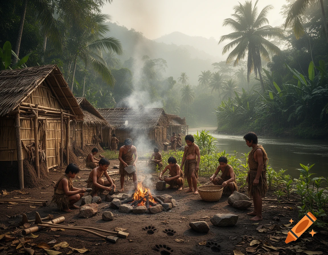 Photorealistic scene of early human villagers gathering around a campfire near huts and a river in a tropical jungle.