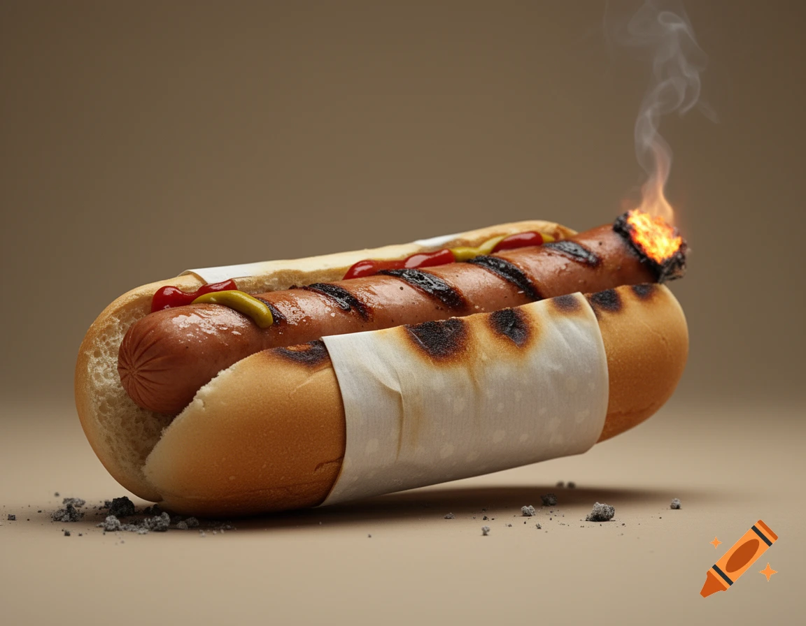 Photorealistic image of a hot dog designed to look like a cigarette with smoke and ash, resting on a neutral surface.