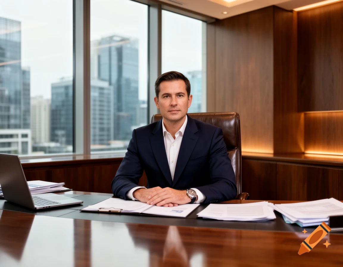 Photorealistic portrait of a male CEO sitting at a large wooden desk in a modern corporate office with city view windows.