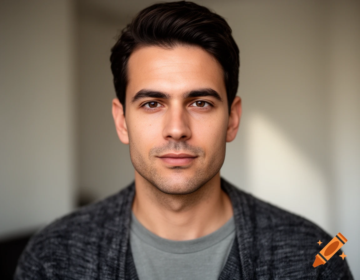 Close-up photorealistic portrait of a man with dark hair, brown eyes, and stubble, wearing a grey sweater.
