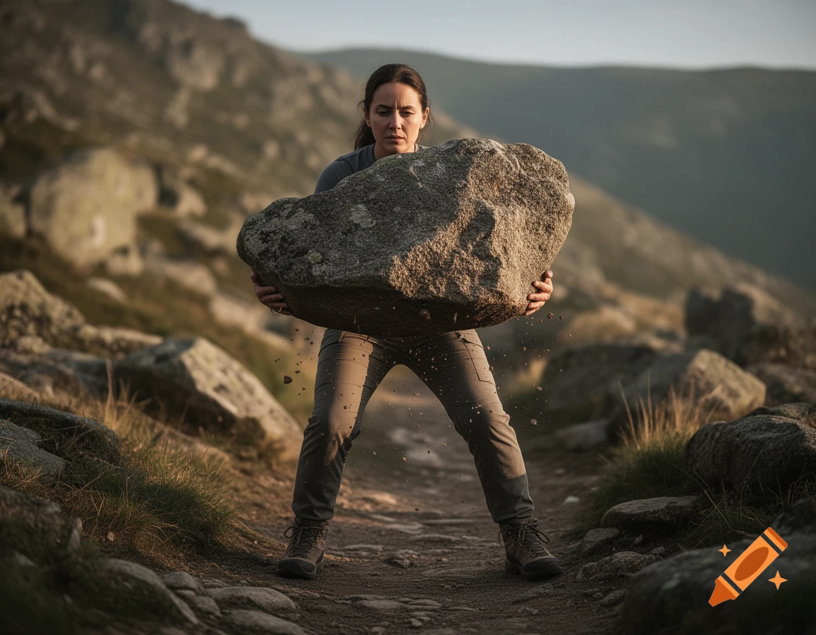 Photorealistic image of a woman struggling to lift a massive boulder on a mountain hiking trail.