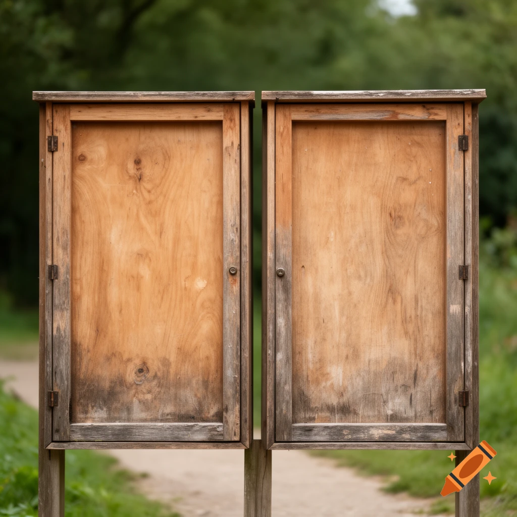 Two empty wooden notice boards or display cases standing outdoors on posts, photorealistic.