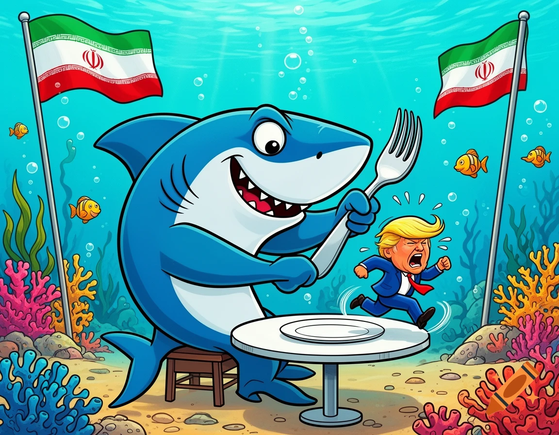 Cartoon shark sitting at an underwater table with a fork, chasing a tiny fleeing Donald Trump, with Iranian flags in the background.