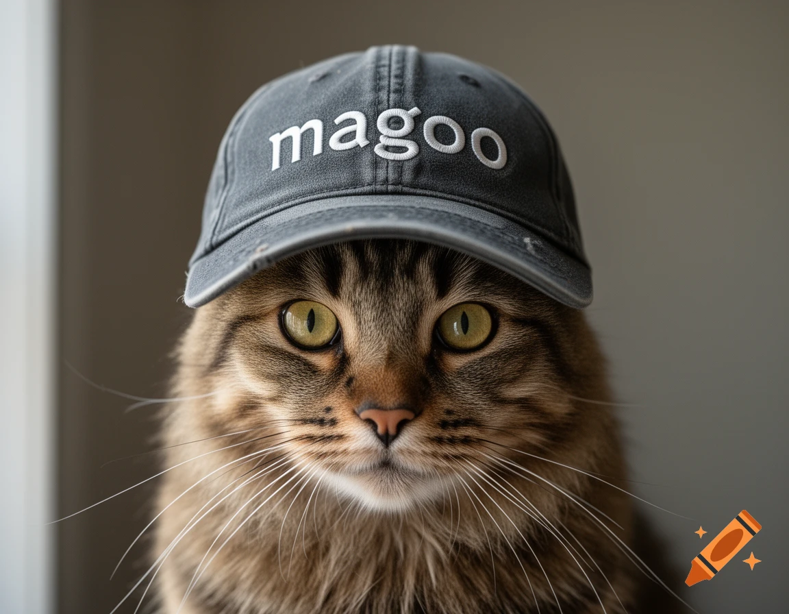 Close-up photorealistic portrait of a tabby cat wearing a dark gray baseball hat that reads magoo.