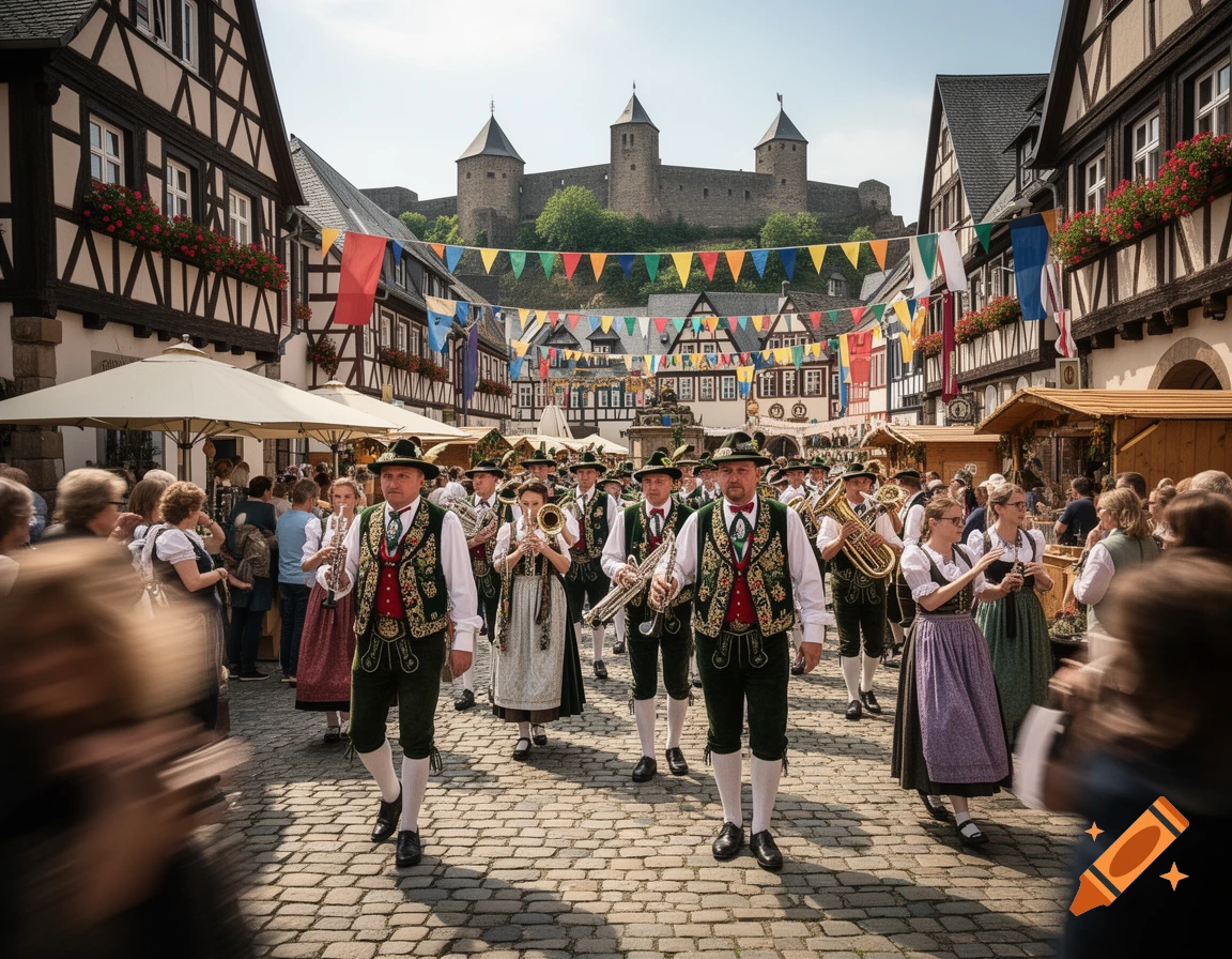 Photorealistic image of a traditional German Schützenfest parade with people in historic costumes walking down a cobblestone street.