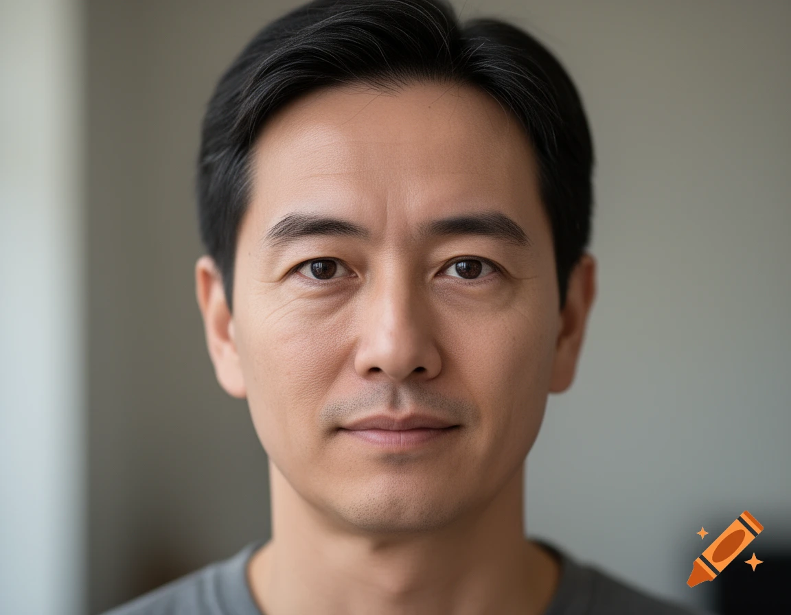 Close-up photorealistic portrait of an Asian man with short dark hair and a neutral expression.