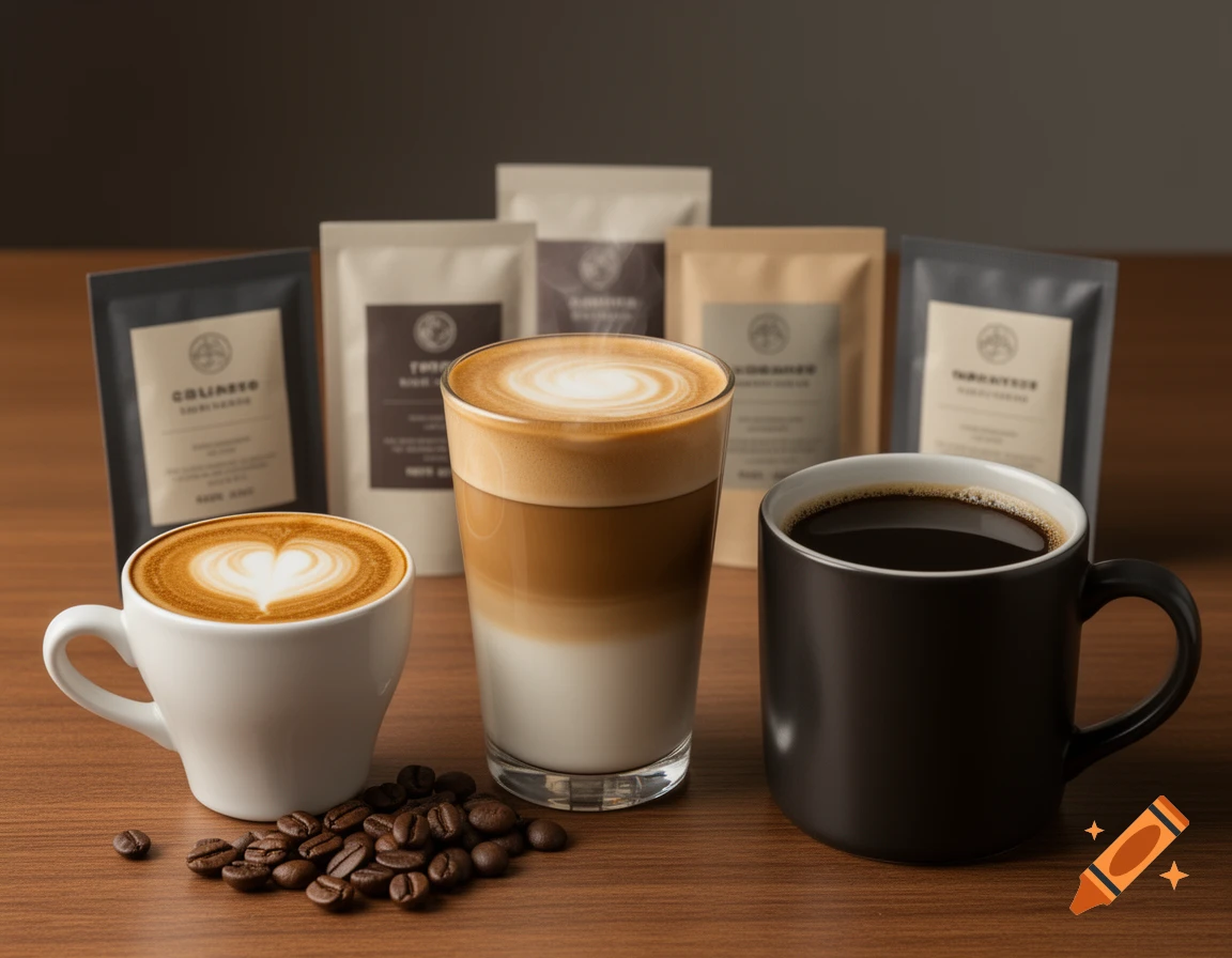 Photorealistic arrangement of various coffee cups, a latte glass, coffee beans, and sample packets on a wooden table.