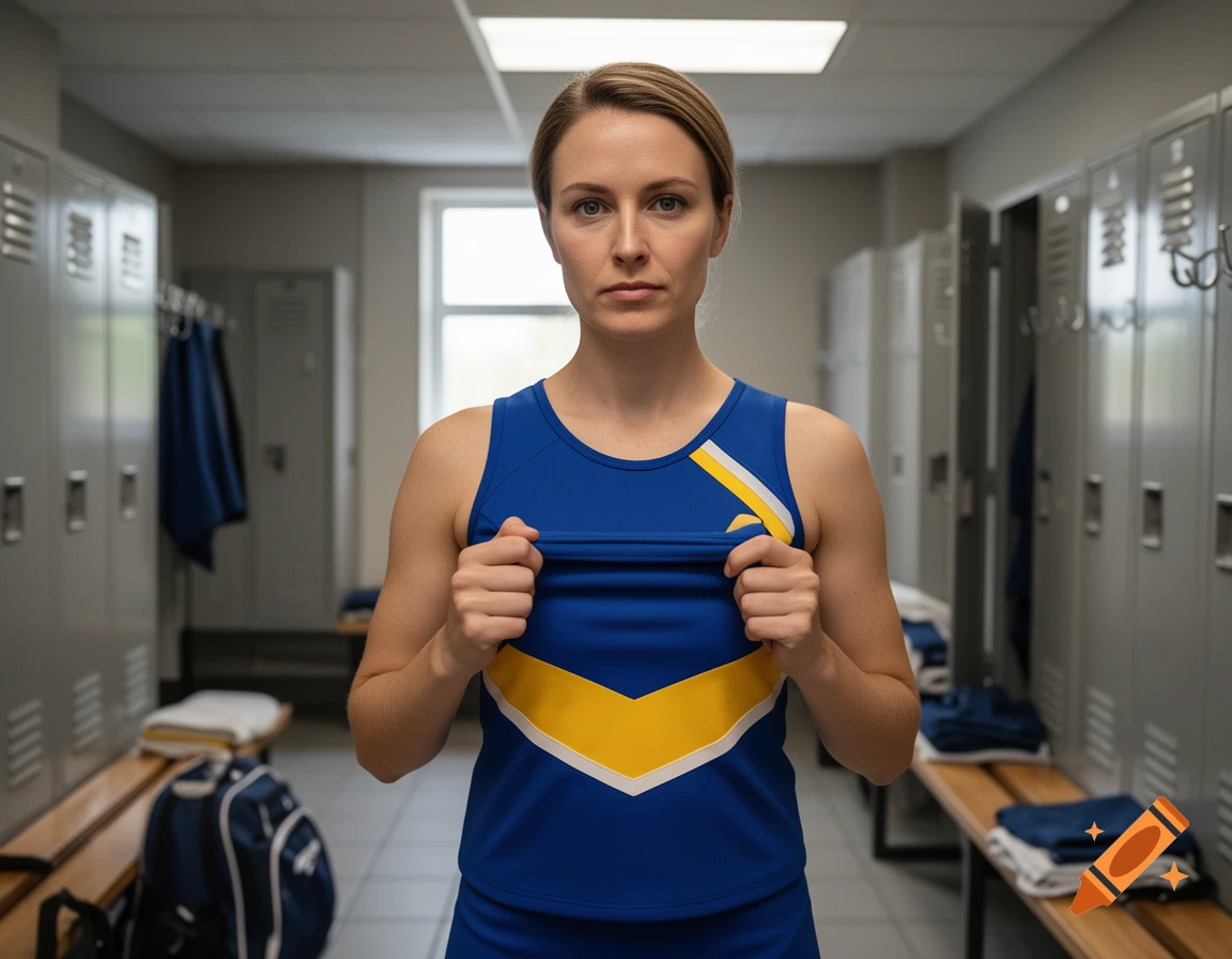 Photorealistic image of a female cheerleader in a blue and yellow uniform standing in a locker room.