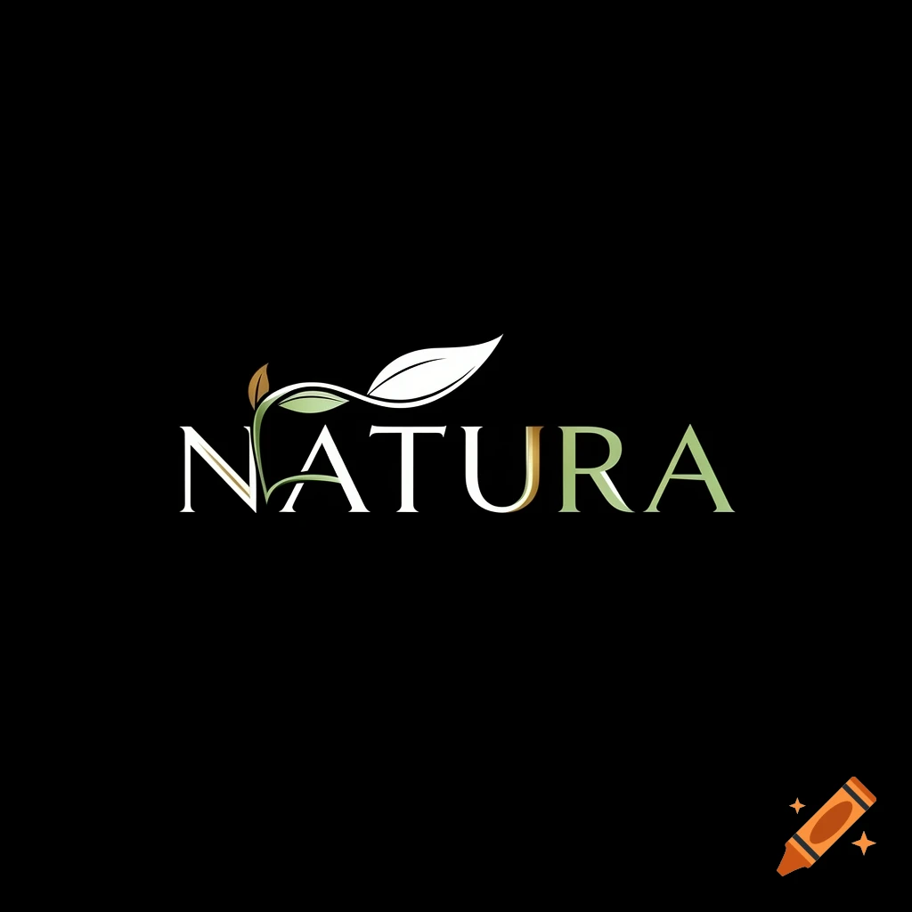 Minimalist logo for NATURA featuring green and white leaves on a black background.