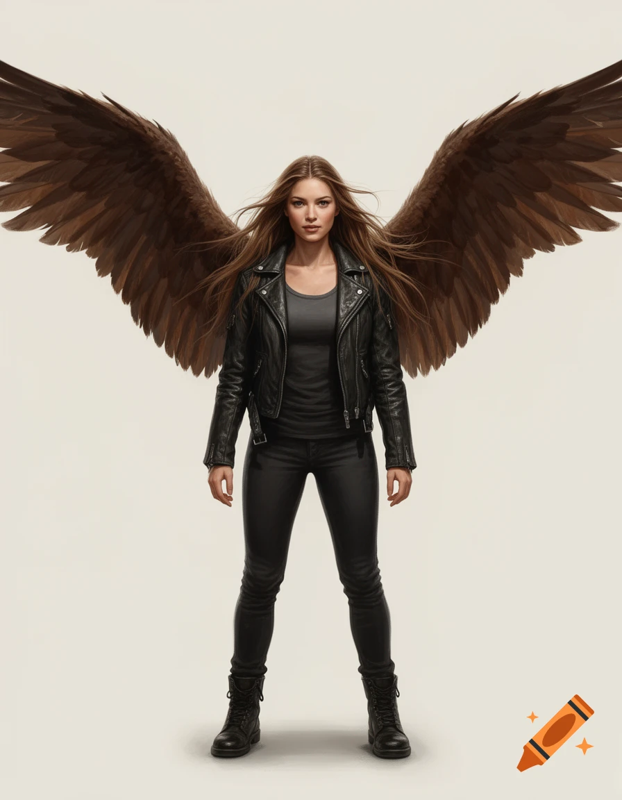 Full-body digital illustration of a young woman with large brown feathery wings, wearing a black leather jacket and jeans, standing against a plain background.