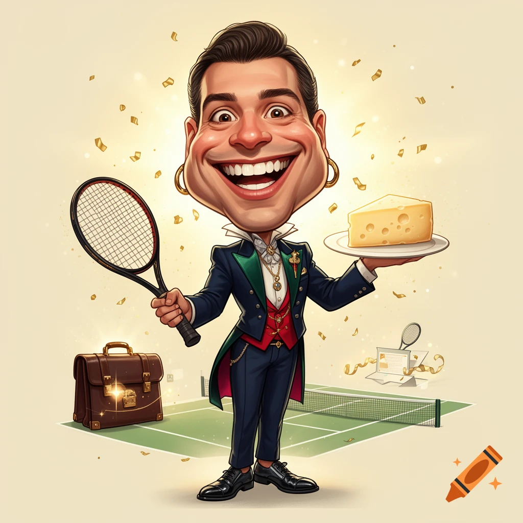 Digital caricature of a smiling man in a formal tuxedo holding a tennis racket and a plate of cheese on a tennis court.