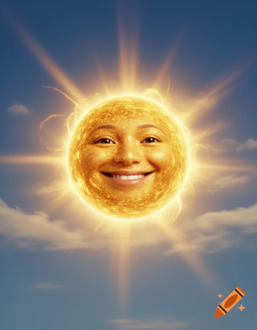 Photorealistic image of a glowing sun with a human face smiling warmly against a blue sky with clouds.
