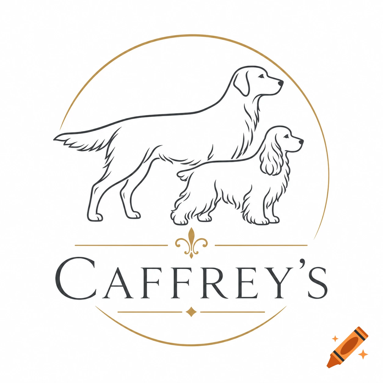 Minimalist vector logo for Caffrey's with line art of a dog and puppy in a circle.