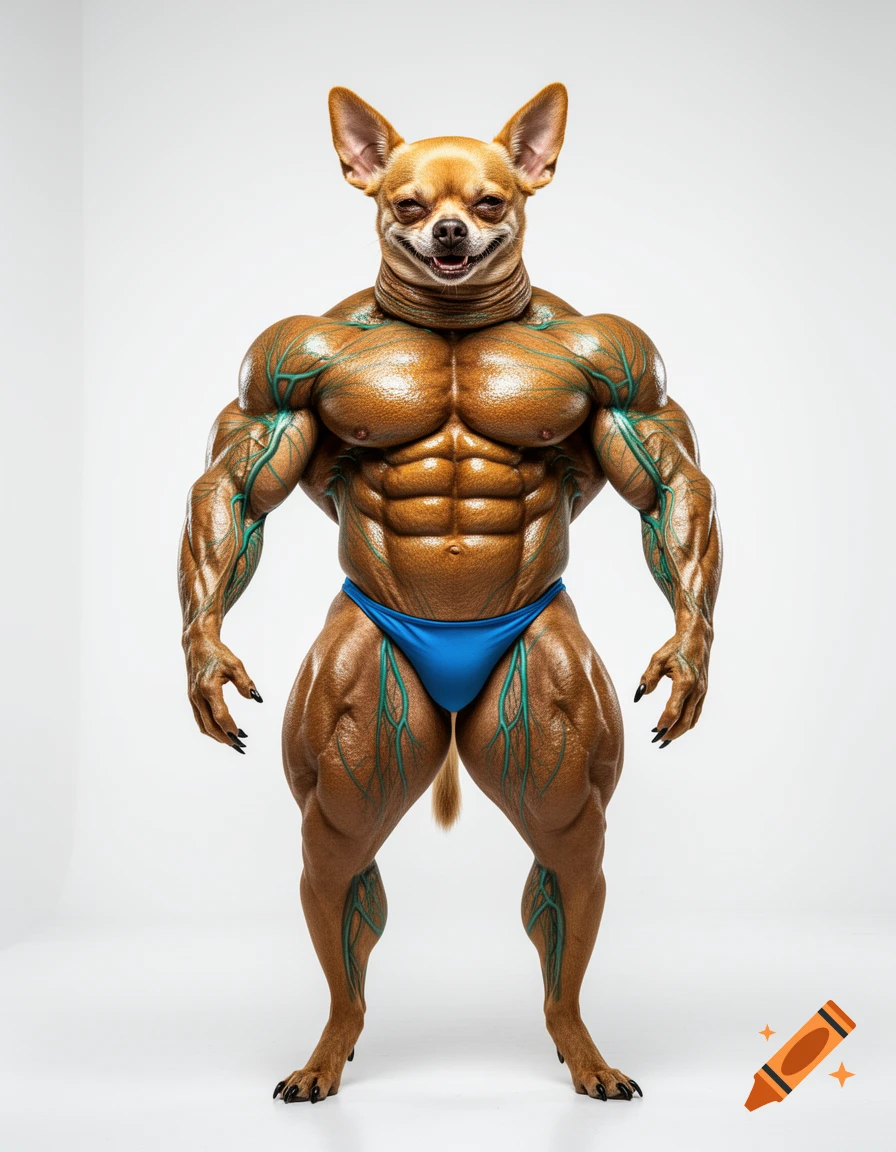 Hyper-realistic full-body photo of an anthropomorphic, extremely muscular chihuahua bodybuilder wearing a blue posing thong.