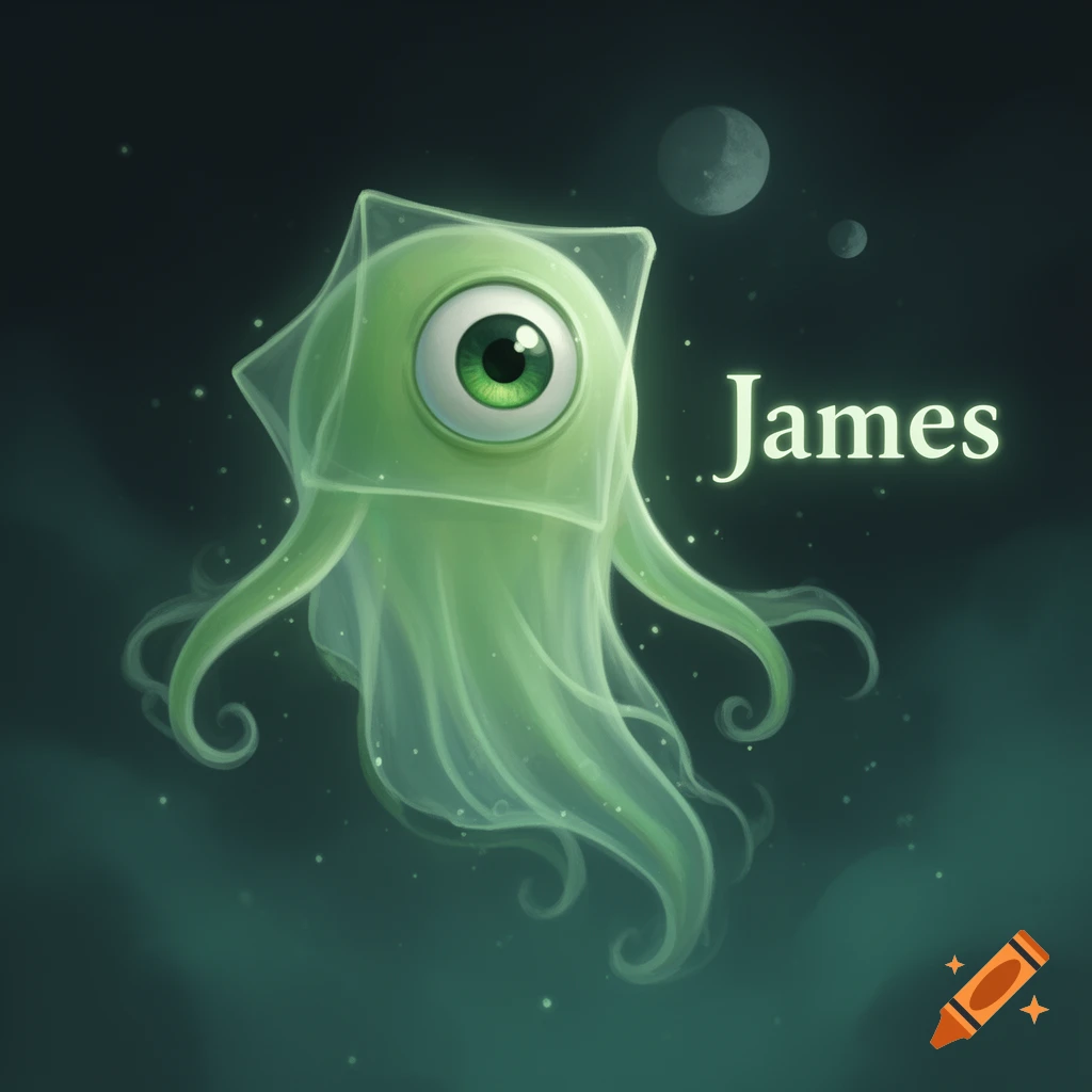 Digital illustration of a glowing green one-eyed ghost creature with tentacle arms and the name James written beside it.