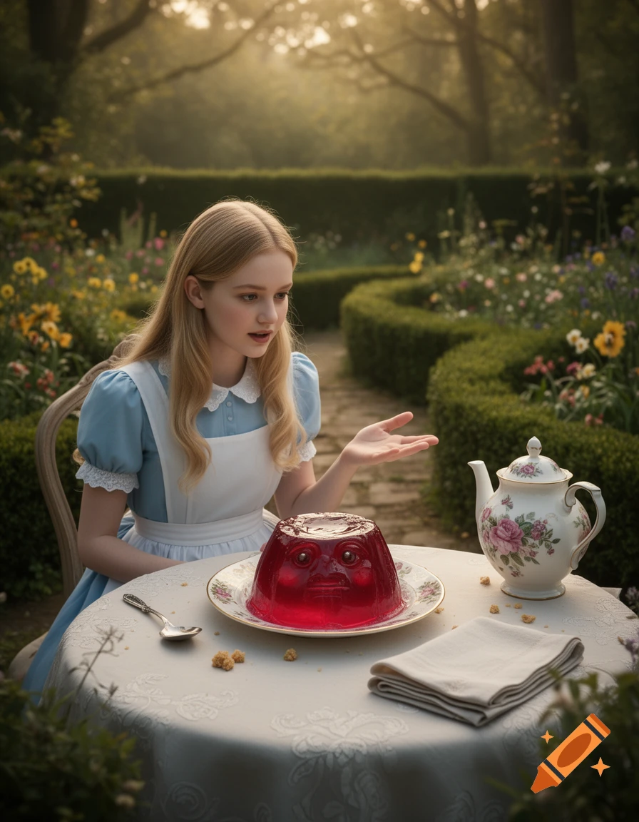 A blonde girl in a blue dress and white apron sits at a garden table with a smiling red jelly dessert and a teapot, photorealistic.