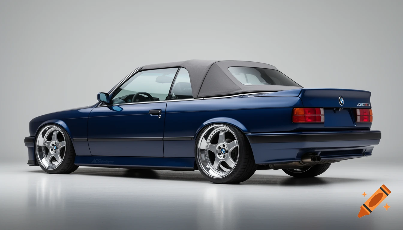Photorealistic studio photoshoot of a deep blue 1991 BMW E30 convertible restomod with custom chrome wheels.