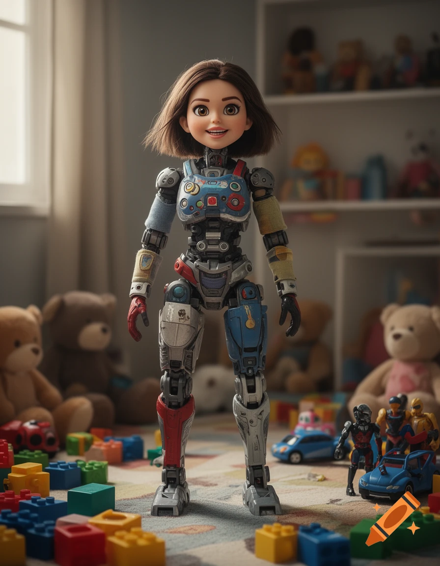 A female toy robot standing in a child's bedroom surrounded by stuffed animals and building blocks.